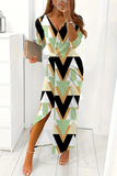 Loorain - Elegant Print Slit Contrast V Neck Long Sleeve Dresses