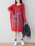 Loorain - Loose Ethnic Floral Hooded Sweatshirt Dress