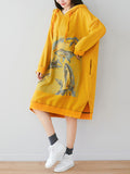 Loorain - Loose Ethnic Floral Hooded Sweatshirt Dress