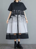 Loorain - Cotton Retro Printed Black Color Short Sleeves A-Line Shirt Dress