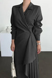 Loorain - Work Elegant Solid Fold Turn-back Collar Suit Dress Dresses