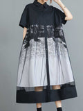 Loorain - Cotton Retro Printed Black Color Short Sleeves A-Line Shirt Dress