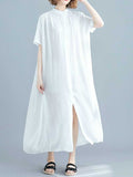 Loorain - Long Cotton Front Button Cotton Shirt Dress (White - Black - Grey- Apricot)