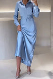 Loorain - Elegant Solid With Belt Turndown Collar Shirt Dress Dresses
