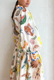 Loorain - Hopeful Moments Tropical Fruit Print Balloon Sleeve Patchwork Shirt Midi Dress