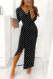 Loorain - Elegant Print Slit Contrast V Neck Long Sleeve Dresses