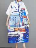 Loorain - Abstract Art Print Cotton Short Sleeve A-Line Shirt Dress