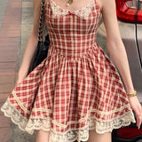 Vintage Sweet Red Plaid Dress for Women Kawaii Elegant French Style Bow Lace Party Mini Dress Retro Lolita Pleated Dress