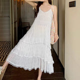 White Lace-up Midi Dresses Sweet Gentle Ruffle Casual Loose Mesh Backless Sleeveless Vacation Summer Women Long Dresses