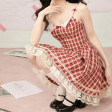 Vintage Sweet Red Plaid Dress for Women Kawaii Elegant French Style Bow Lace Party Mini Dress Retro Lolita Pleated Dress