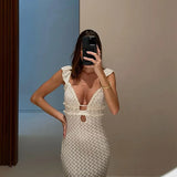 Apricot Hollow Out Maxi Dress Women Sexy See Through Backless Slim Beach Dress Summer Fashion Ruffle Holiday Party Dress 2024