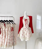 2024 New Sweet Floral Dress Set Woman Casual Red Short Cardigan Elegant Lace Y2k Mini Dress Beach Korean Fashion Clothing Suit