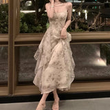 Elegant Holiday Dresses for Women Long Floral Chiffon Midi Dress Sleeveless Vintage Dress Fairy Slim Party Casual