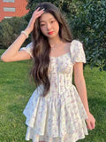 High Waist Dress Women Summer Floral Sweet Square Collar Puff Sleeve Princess Girlish Tender Elegant Korean Style Preppy Chic