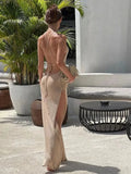 2024 Beach Sexy Knitted Backless See-through Slit Halter Slip Long Dress Holiday Vacation Off Shouder Summer Maxi Dresses