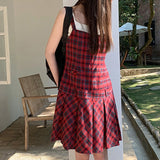 Red Plaid Vintage Dresses Woman Sleeveless Korean Fashion Harajuku Preppy Dresses Pleated Short Dress Japanese Style Y2k