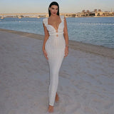 Apricot Hollow Out Maxi Dress Women Sexy See Through Backless Slim Beach Dress Summer Fashion Ruffle Holiday Party Dress 2024