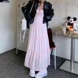 Pink Cute Fairycore Midi Dresse Sweet Ruffle Casual Elegant Chic Beach Long Spaghetti Strap Button Holiday Gentle Dress