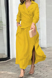 Loorain - Elegant Solid Slit Fold Turndown Collar Shirt Dress Dresses