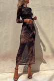 Loorain - Casual Vintage Gradual Change Print See-through O Neck Long Sleeve Dresses
