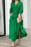 Loorain - Elegant Solid Slit Fold Turndown Collar Shirt Dress Dresses