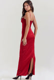 Loorain - Sexy Silky Satin Sweetheart Spaghetti Strap Split Corset Evening Maxi Dress - Red