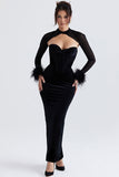 Loorain - Vintage Feather Sleeve Strapless Corset Velvet Formal Maxi Dress - Black