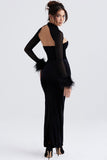 Loorain - Vintage Feather Sleeve Strapless Corset Velvet Formal Maxi Dress - Black