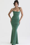 Loorain - Vintage Square Neck Ruched Corset Fishtail Evening Maxi Dress - Green