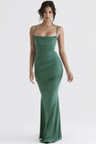Loorain - Vintage Square Neck Ruched Corset Fishtail Evening Maxi Dress - Green