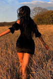 Loorain - Off Shoulder Flares Sleeve Corset Velvet Dress
