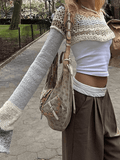Loorain - Super Crop Long Sleeve Knit Striped Crochet Top