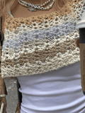 Loorain - Super Crop Long Sleeve Knit Striped Crochet Top