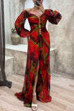 Loorain - Sunset Serenade Printed Off Shoulder Diamond Embellished Pleated Slit Maxi Dress