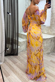 Loorain - Sunset Serenade Printed Off Shoulder Diamond Embellished Pleated Slit Maxi Dress