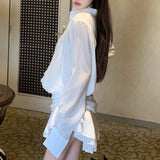 Korean Style White Shirt Dress Women Sexy Elegant Pleated Chiffon Mini Dress Long Sleeved Dresses Casual Sweet Hot Girl