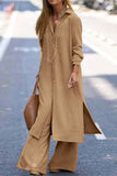 Loorain - Casual Solid Buttons Turndown Collar Long Sleeve Two Pieces