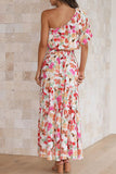 Loorain - Sweet Elegant Floral Asymmetrical Oblique Collar Short Sleeve Two Pieces