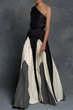 Loorain - Fashion Elegant Patchwork Contrast Oblique Collar Waist Skirt Dresses(6 Colors)
