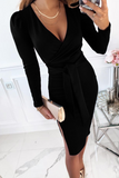 Loorain - Fashion Elegant Solid Slit With Belt V Neck Wrapped Skirt Dresses(5 Colors)