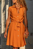 Loorain - Casual Solid Frenulum Turndown Collar Vest Dress Dresses
