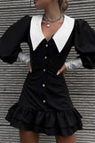 Loorain - Celebrities Elegant Solid Buttons Turndown Collar Wrapped Skirt Dresses