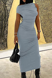 Loorain - Street Solid Patchwork Fold Asymmetrical Collar Long Dress Dresses