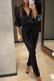Loorain - Casual British Style Solid Bandage Sequins Sequined V Neck Regular Jumpsuits