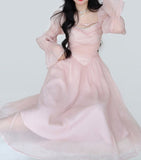 Loorain - Elegant Evening Party Midi Dress Women Bubble Sleeve French Vintage Sweet Dress Female Pink Korean Style Fairy Dress Autumn