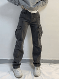 Loorain - Washed Mid Waist Pocket Cargo Jeans